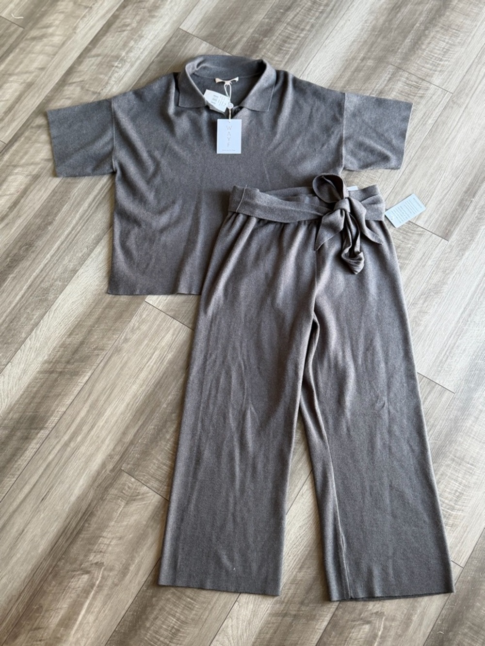WAYF Charcoal Knit 2 Pc Set Wide-Leg Pants & Collared Top Sz L Travel Athleisure